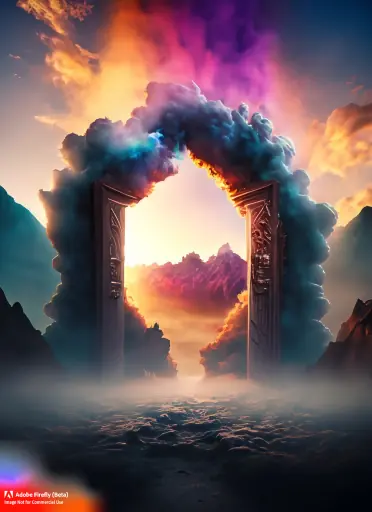 Firefly_Colorful+mist and smoke explosions as a gate a door Portal to another dimension and behind are the tops of the mountains with a sunrise and_photo,dramatic_light,digital_19292